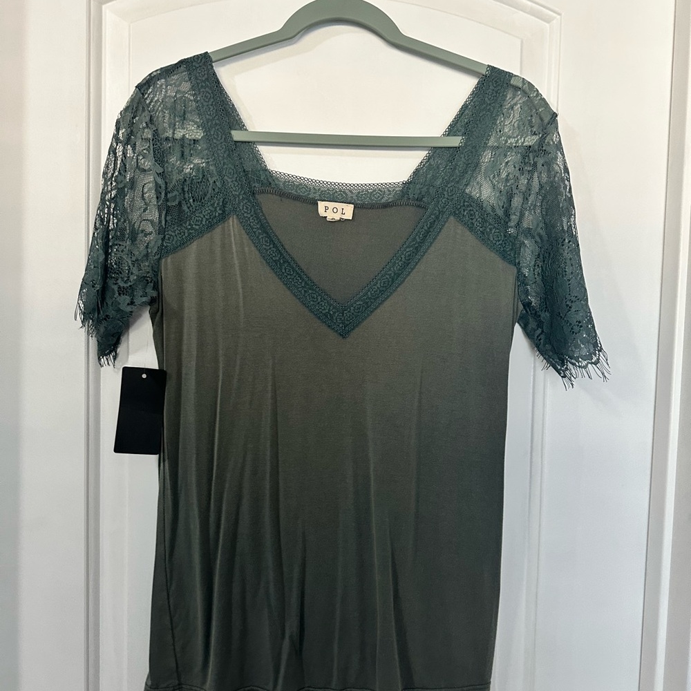 POL moss green Lace Sleeve Blouse